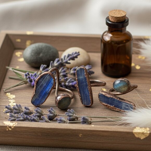 🆕️Boho Chic Labradorite & Kyanite Adjustable Ring | Handmade Statement - Picture 6 of 16